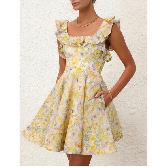 Zimmermann Harmony Linen-Silk Ruffled Floral Minidress Size 12 - Picture 2 of 9